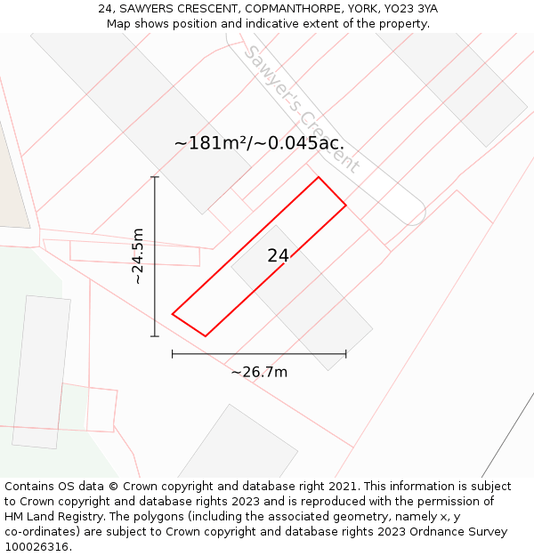 24, SAWYERS CRESCENT, COPMANTHORPE, YORK, YO23 3YA: Plot and title map