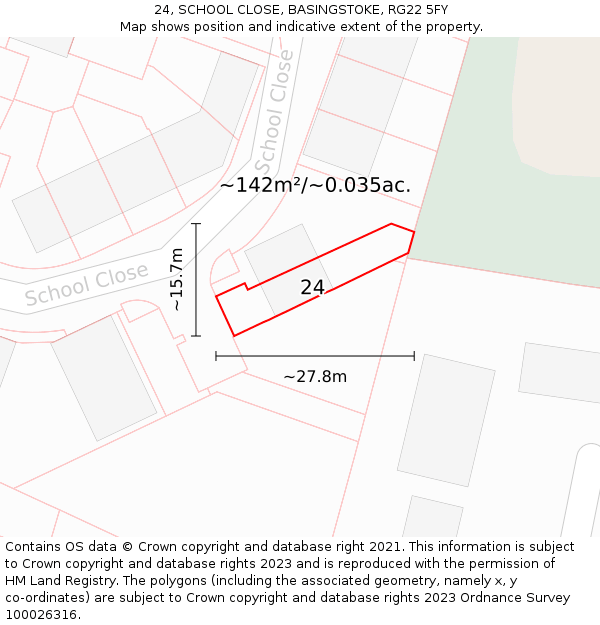 24, SCHOOL CLOSE, BASINGSTOKE, RG22 5FY: Plot and title map