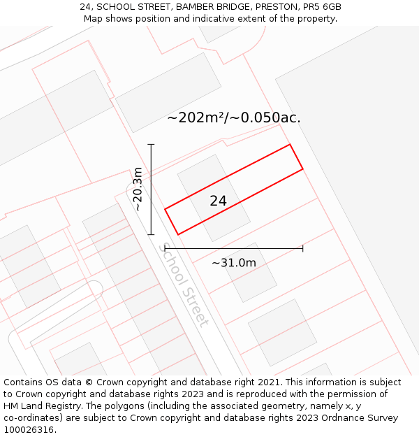 24, SCHOOL STREET, BAMBER BRIDGE, PRESTON, PR5 6GB: Plot and title map