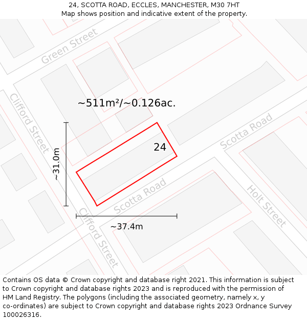 24, SCOTTA ROAD, ECCLES, MANCHESTER, M30 7HT: Plot and title map
