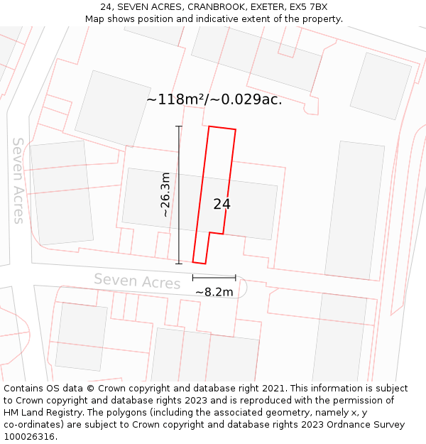 24, SEVEN ACRES, CRANBROOK, EXETER, EX5 7BX: Plot and title map
