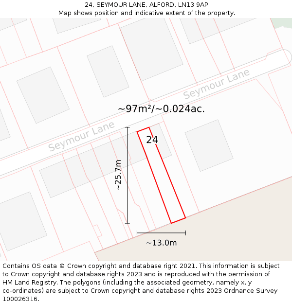 24, SEYMOUR LANE, ALFORD, LN13 9AP: Plot and title map