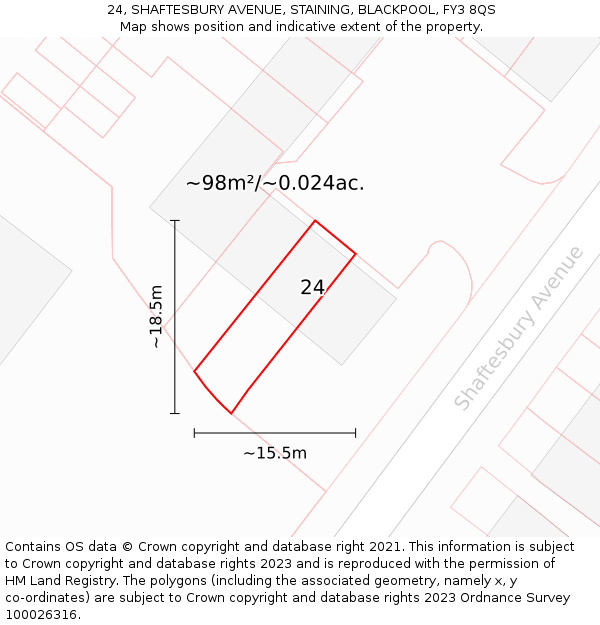 24, SHAFTESBURY AVENUE, STAINING, BLACKPOOL, FY3 8QS: Plot and title map