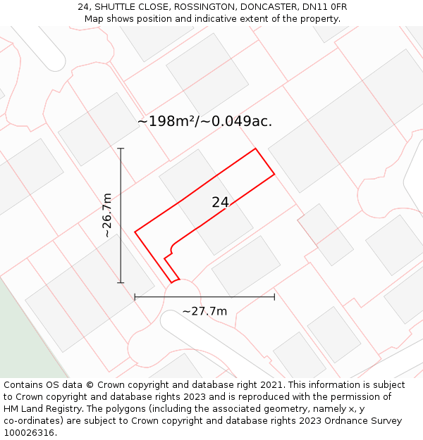 24, SHUTTLE CLOSE, ROSSINGTON, DONCASTER, DN11 0FR: Plot and title map