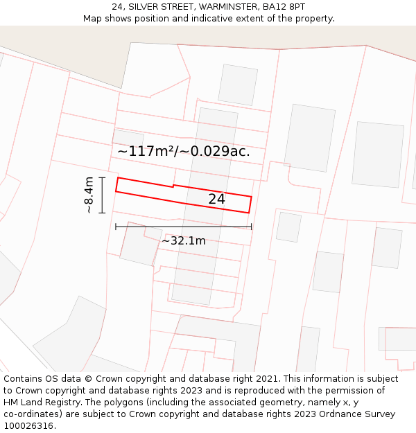 24, SILVER STREET, WARMINSTER, BA12 8PT: Plot and title map