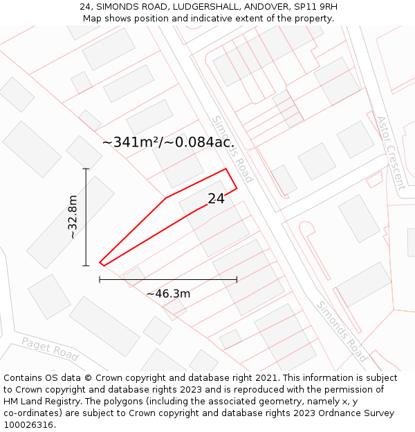 24, SIMONDS ROAD, LUDGERSHALL, ANDOVER, SP11 9RH: Plot and title map