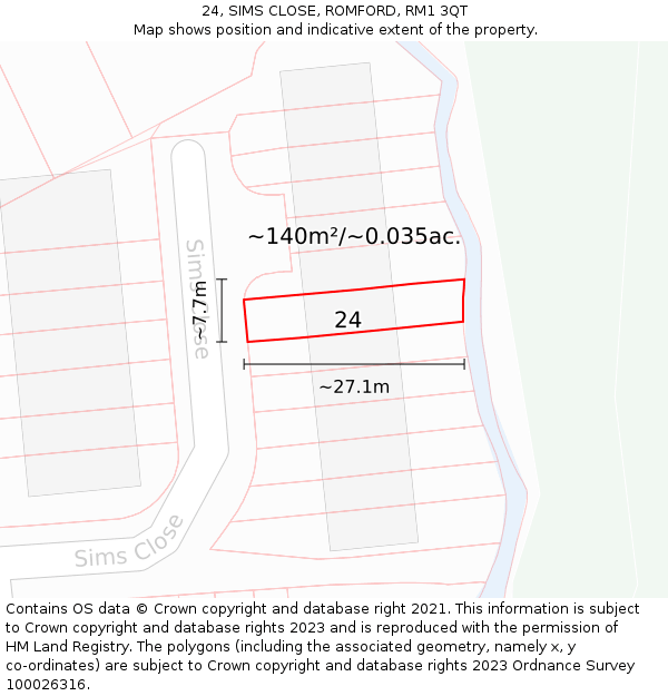 24, SIMS CLOSE, ROMFORD, RM1 3QT: Plot and title map