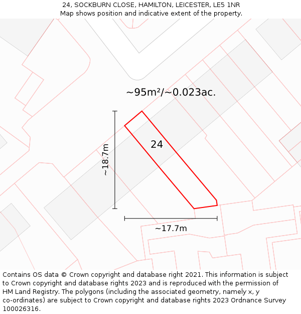 24, SOCKBURN CLOSE, HAMILTON, LEICESTER, LE5 1NR: Plot and title map