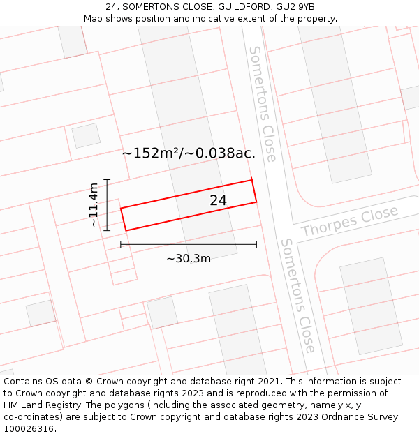 24, SOMERTONS CLOSE, GUILDFORD, GU2 9YB: Plot and title map