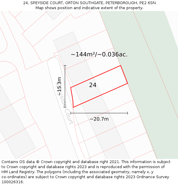 24, SPEYSIDE COURT, ORTON SOUTHGATE, PETERBOROUGH, PE2 6SN: Plot and title map