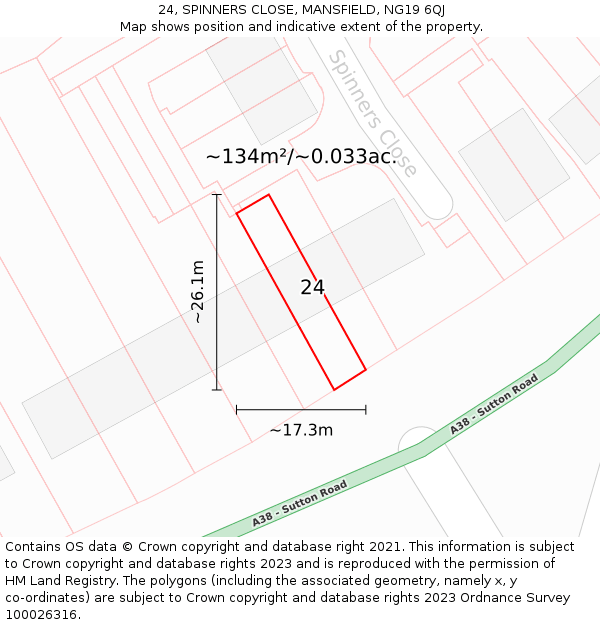 24, SPINNERS CLOSE, MANSFIELD, NG19 6QJ: Plot and title map