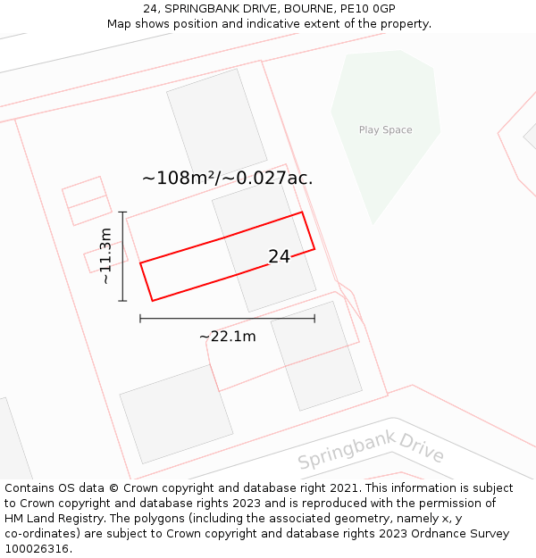 24, SPRINGBANK DRIVE, BOURNE, PE10 0GP: Plot and title map