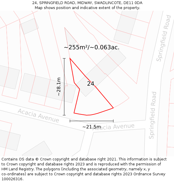 24, SPRINGFIELD ROAD, MIDWAY, SWADLINCOTE, DE11 0DA: Plot and title map