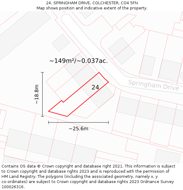24, SPRINGHAM DRIVE, COLCHESTER, CO4 5FN: Plot and title map