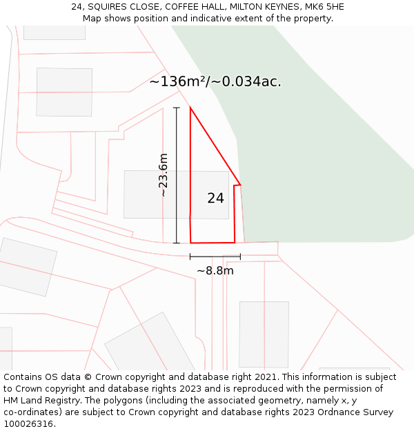 24, SQUIRES CLOSE, COFFEE HALL, MILTON KEYNES, MK6 5HE: Plot and title map