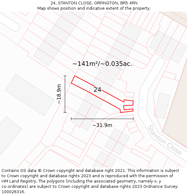 24, STANTON CLOSE, ORPINGTON, BR5 4RN: Plot and title map