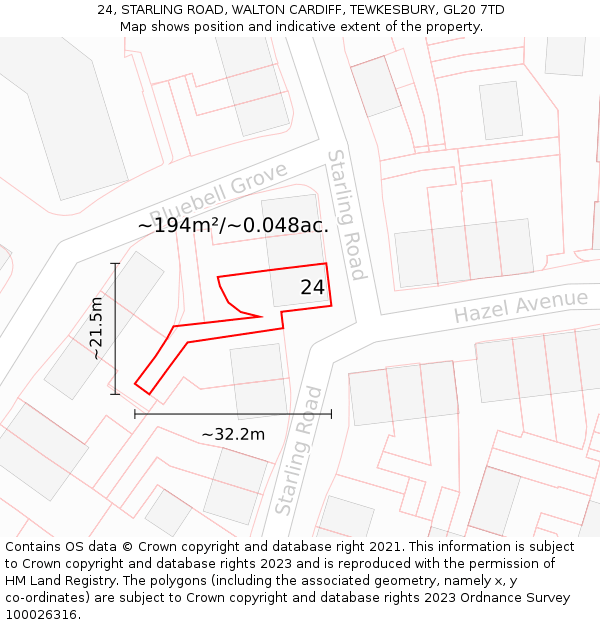 24, STARLING ROAD, WALTON CARDIFF, TEWKESBURY, GL20 7TD: Plot and title map