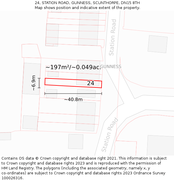 24, STATION ROAD, GUNNESS, SCUNTHORPE, DN15 8TH: Plot and title map