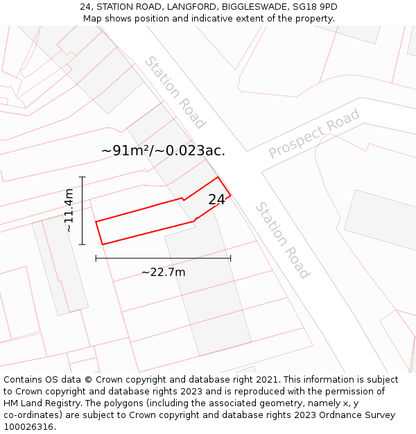 24, STATION ROAD, LANGFORD, BIGGLESWADE, SG18 9PD: Plot and title map