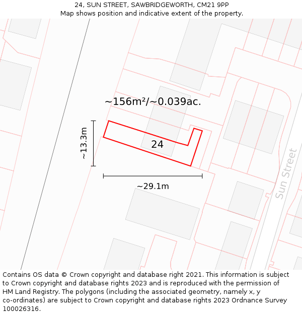 24, SUN STREET, SAWBRIDGEWORTH, CM21 9PP: Plot and title map