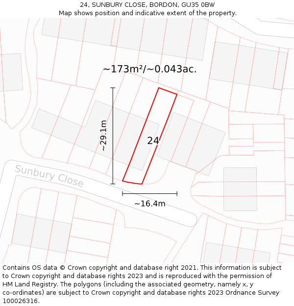 24, SUNBURY CLOSE, BORDON, GU35 0BW: Plot and title map
