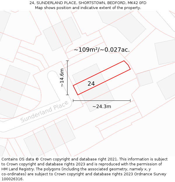 24, SUNDERLAND PLACE, SHORTSTOWN, BEDFORD, MK42 0FD: Plot and title map