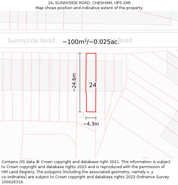 24, SUNNYSIDE ROAD, CHESHAM, HP5 2AR: Plot and title map
