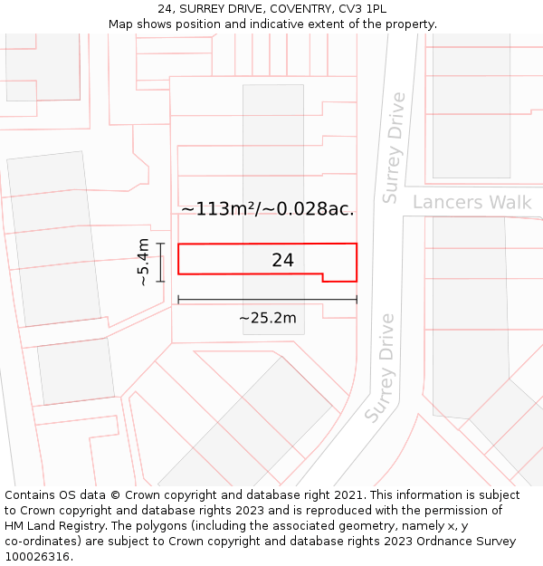 24, SURREY DRIVE, COVENTRY, CV3 1PL: Plot and title map