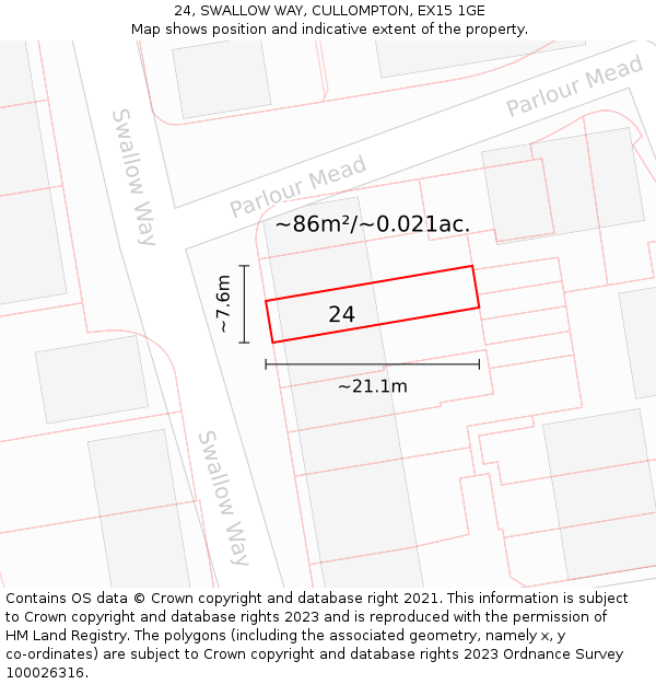 24, SWALLOW WAY, CULLOMPTON, EX15 1GE: Plot and title map