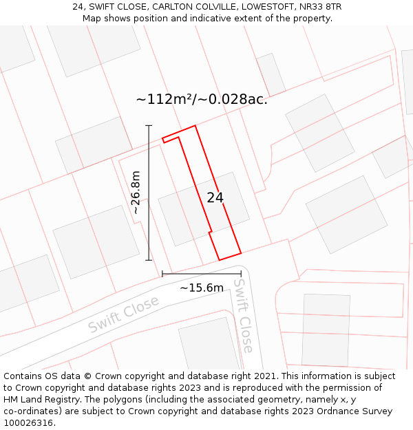 24, SWIFT CLOSE, CARLTON COLVILLE, LOWESTOFT, NR33 8TR: Plot and title map