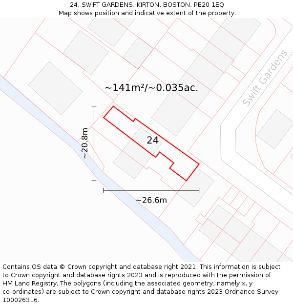 24, SWIFT GARDENS, KIRTON, BOSTON, PE20 1EQ: Plot and title map