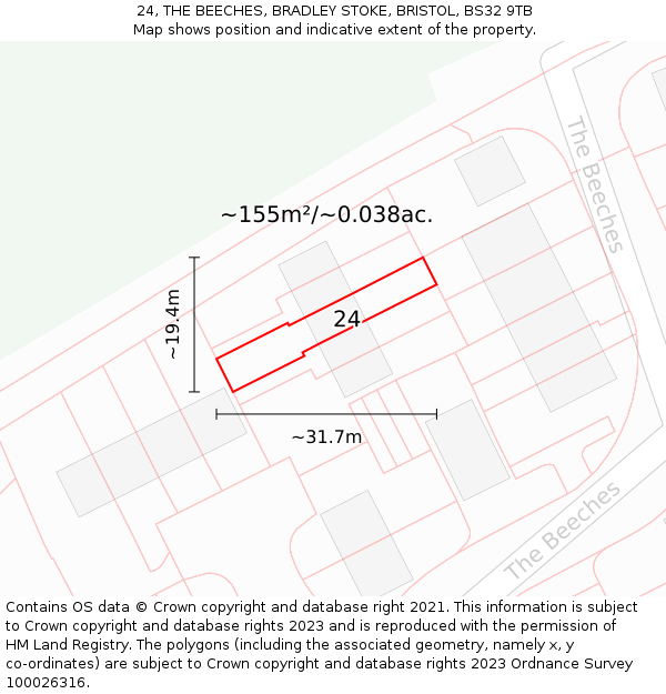 24, THE BEECHES, BRADLEY STOKE, BRISTOL, BS32 9TB: Plot and title map