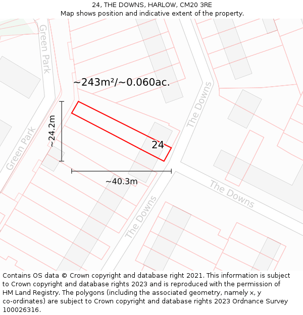 24, THE DOWNS, HARLOW, CM20 3RE: Plot and title map