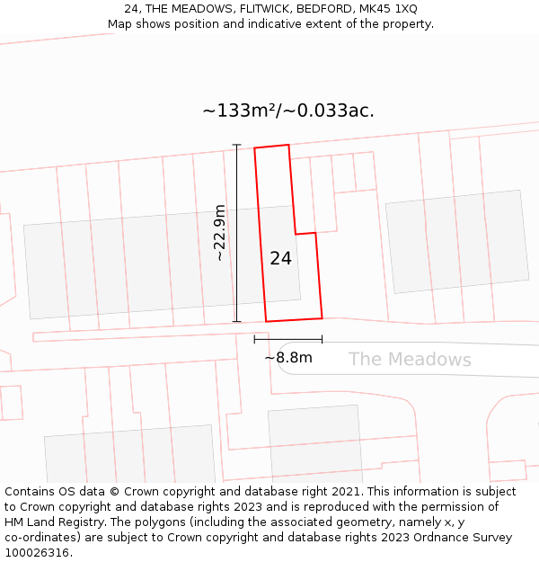 24, THE MEADOWS, FLITWICK, BEDFORD, MK45 1XQ: Plot and title map