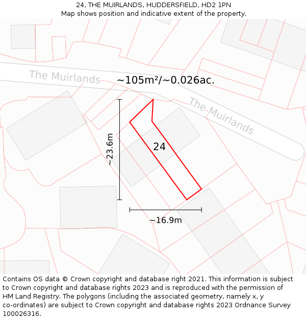 24, THE MUIRLANDS, HUDDERSFIELD, HD2 1PN: Plot and title map