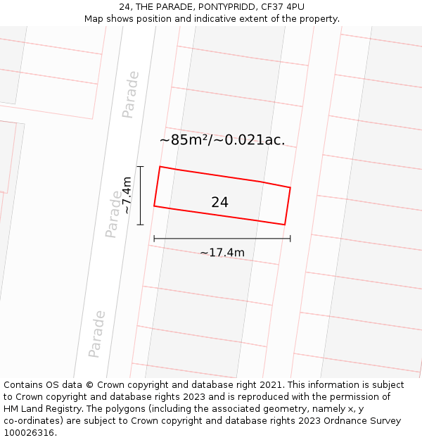 24, THE PARADE, PONTYPRIDD, CF37 4PU: Plot and title map