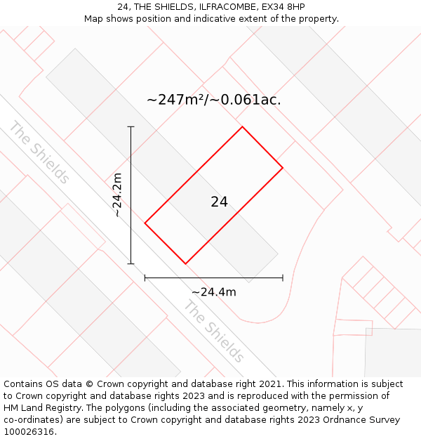 24, THE SHIELDS, ILFRACOMBE, EX34 8HP: Plot and title map