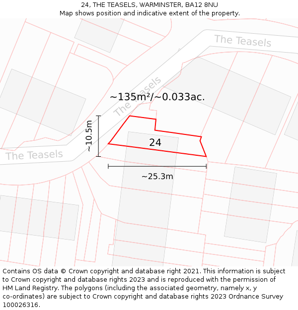 24, THE TEASELS, WARMINSTER, BA12 8NU: Plot and title map