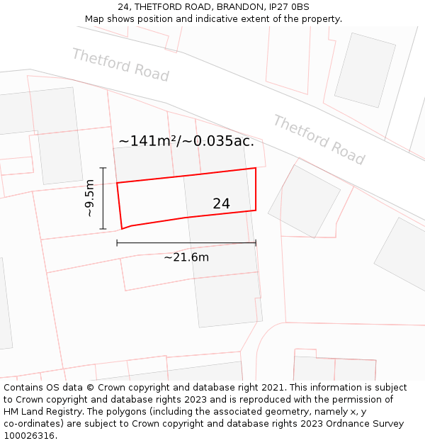 24, THETFORD ROAD, BRANDON, IP27 0BS: Plot and title map