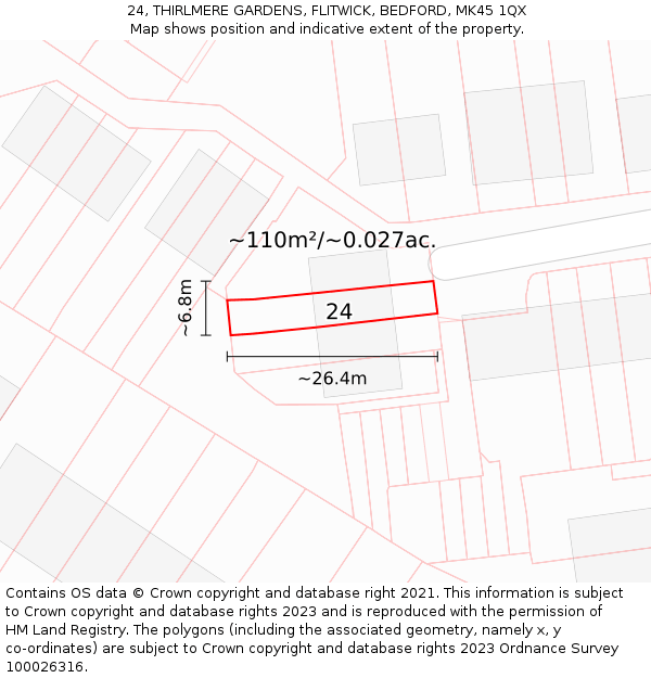 24, THIRLMERE GARDENS, FLITWICK, BEDFORD, MK45 1QX: Plot and title map