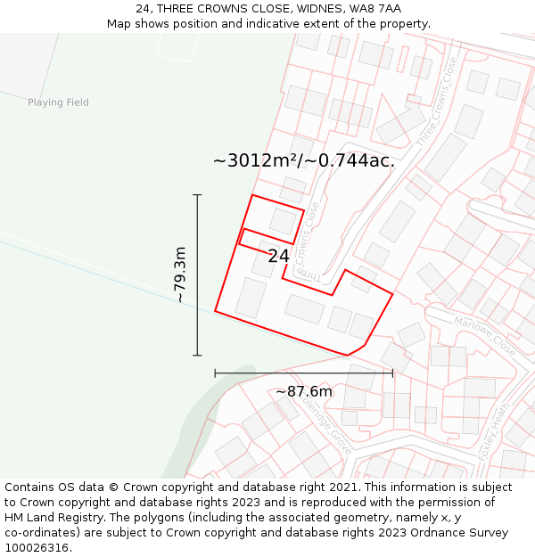 24, THREE CROWNS CLOSE, WIDNES, WA8 7AA: Plot and title map
