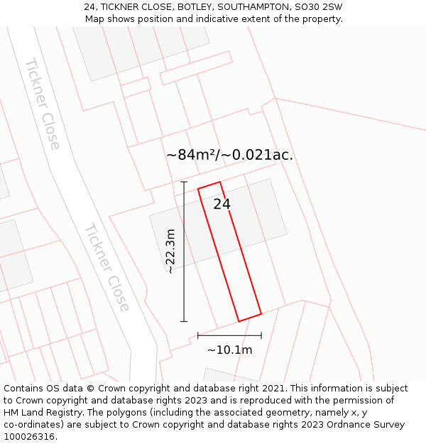 24, TICKNER CLOSE, BOTLEY, SOUTHAMPTON, SO30 2SW: Plot and title map