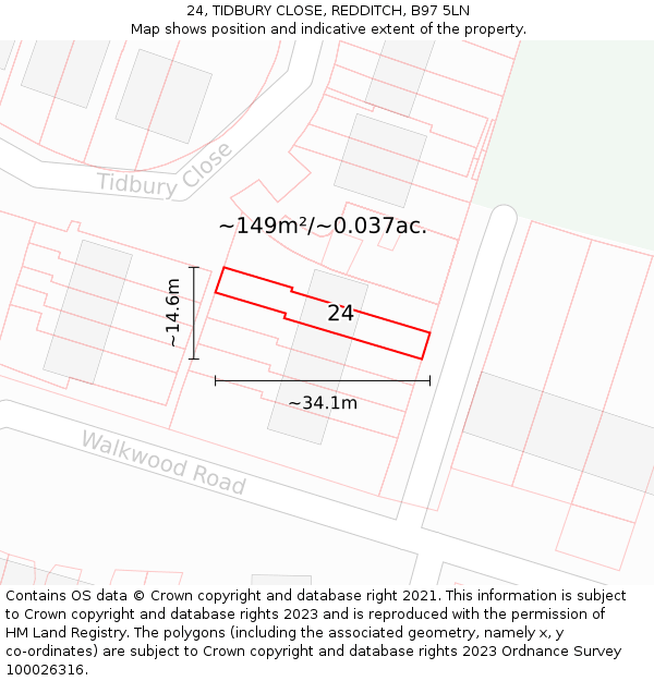 24, TIDBURY CLOSE, REDDITCH, B97 5LN: Plot and title map