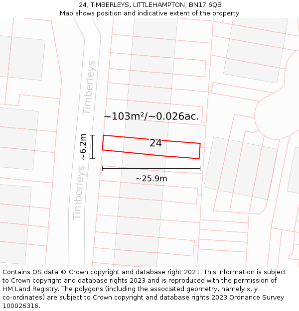 24, TIMBERLEYS, LITTLEHAMPTON, BN17 6QB: Plot and title map
