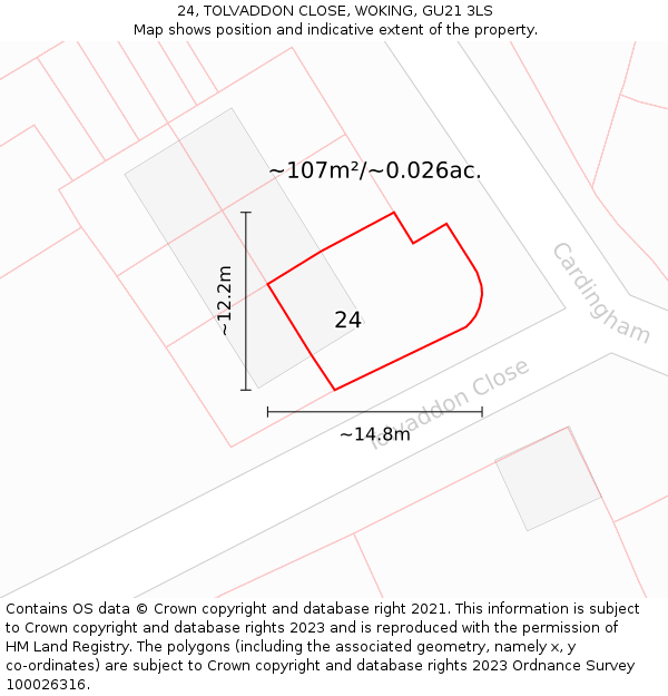 24, TOLVADDON CLOSE, WOKING, GU21 3LS: Plot and title map
