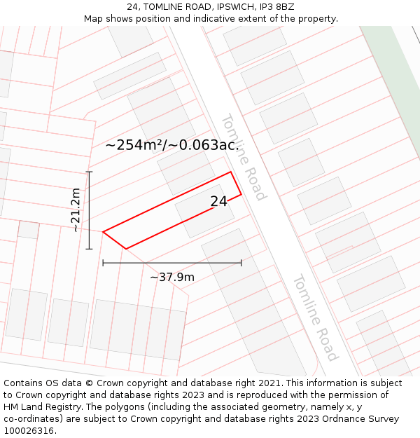 24, TOMLINE ROAD, IPSWICH, IP3 8BZ: Plot and title map