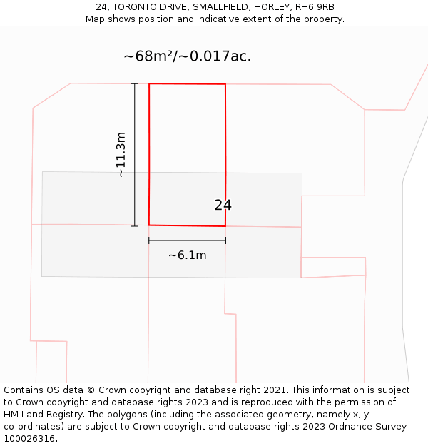 24, TORONTO DRIVE, SMALLFIELD, HORLEY, RH6 9RB: Plot and title map
