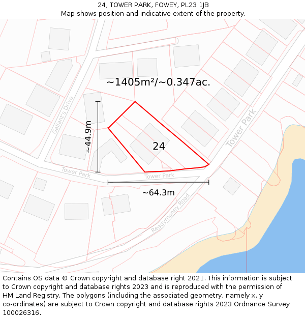 24, TOWER PARK, FOWEY, PL23 1JB: Plot and title map