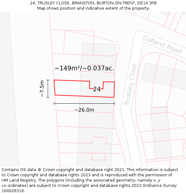 24, TRUSLEY CLOSE, BRANSTON, BURTON-ON-TRENT, DE14 3FB: Plot and title map