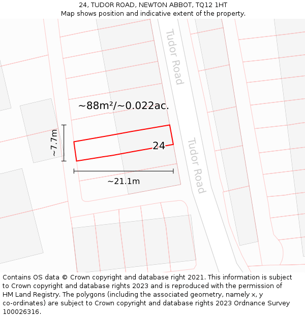 24, TUDOR ROAD, NEWTON ABBOT, TQ12 1HT: Plot and title map